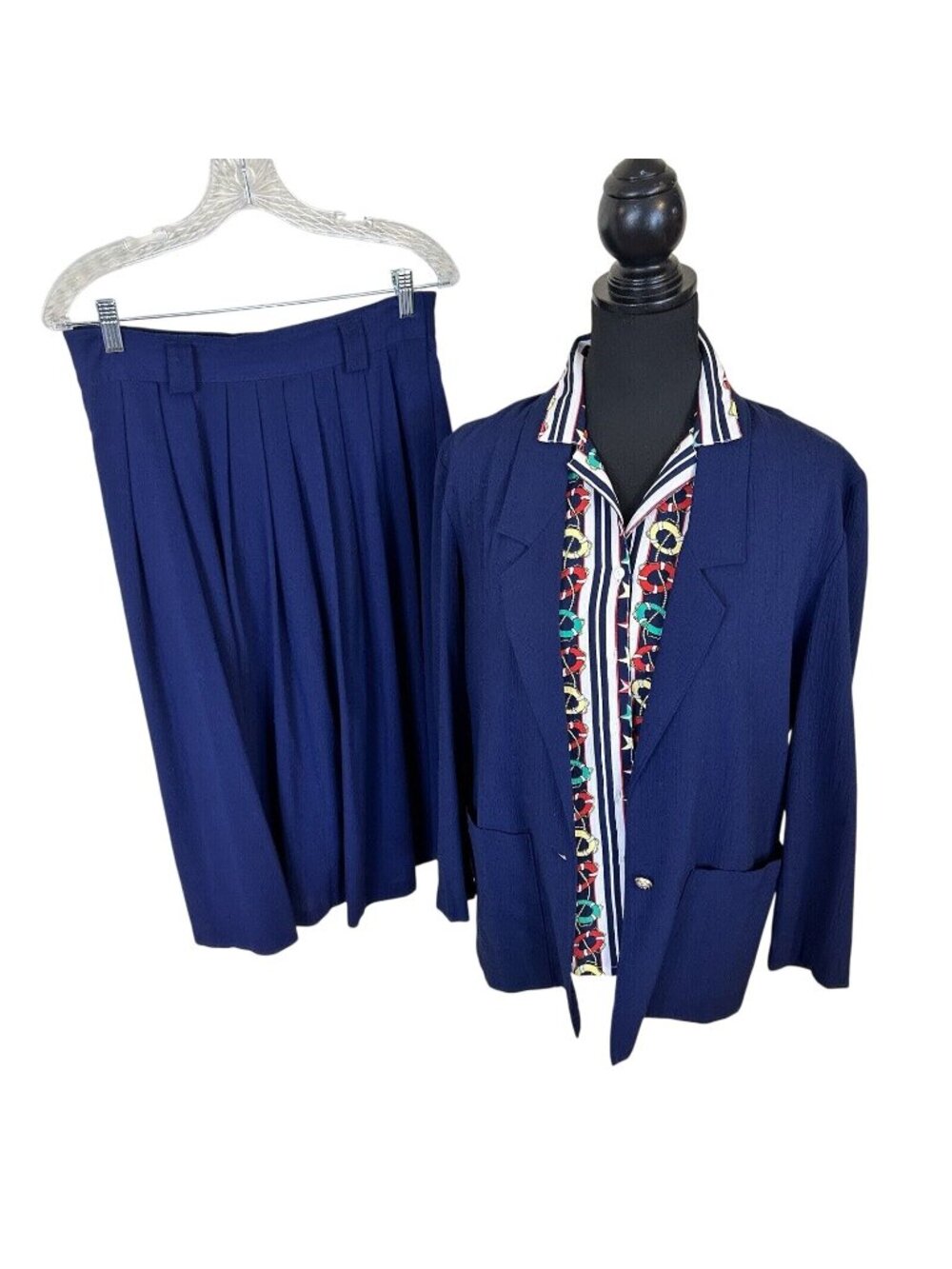Tan Jay Womens Skirt Suit Sailor Theme Navy Blue Midi Blazer Button Up Medium